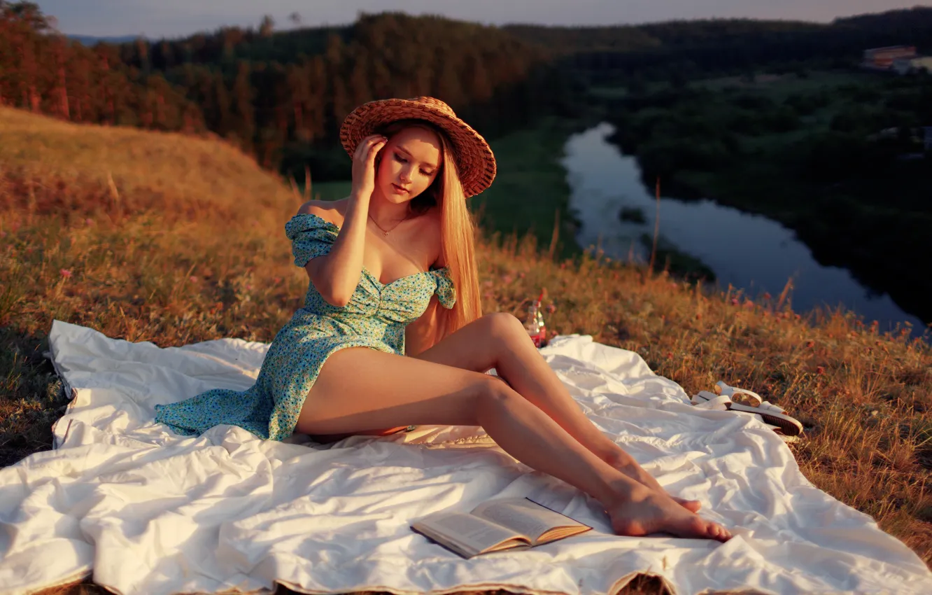 Photo wallpaper girl, pose, hat, dress, blonde, neckline, book, legs