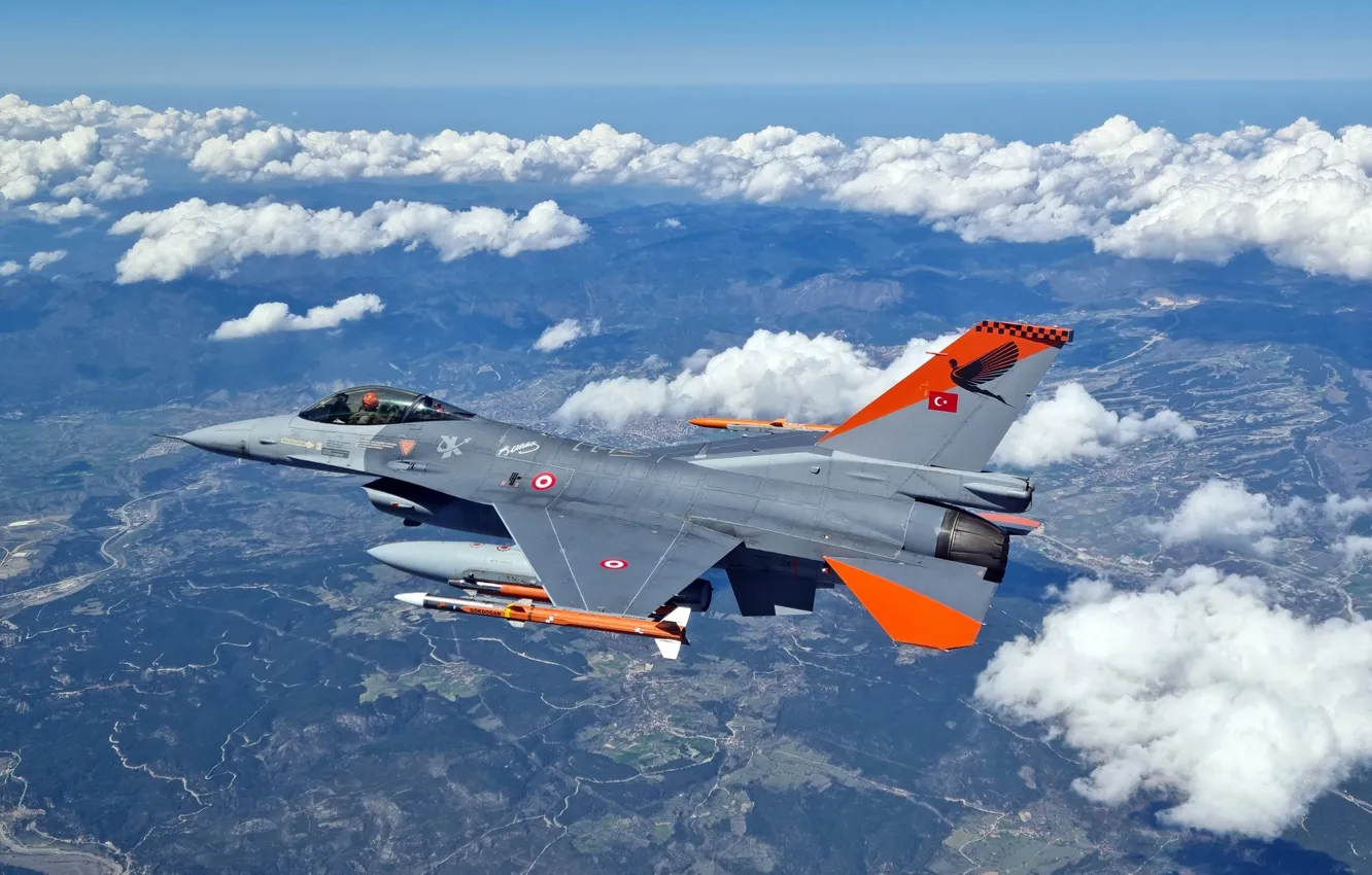Photo wallpaper F-16, clouds, Turkish Air Force