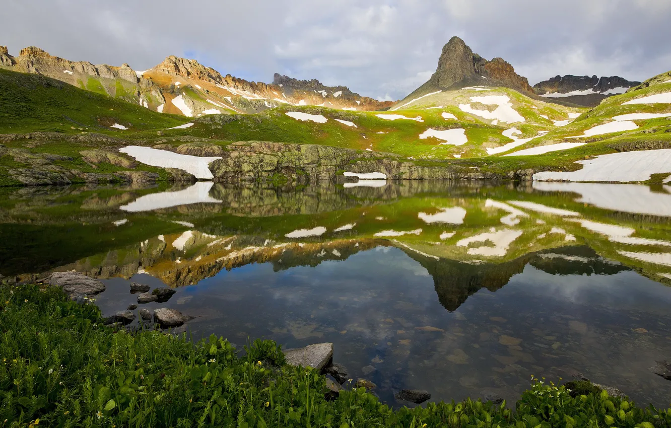 Photo wallpaper snow, mountains, reflection, shore, spring, pond