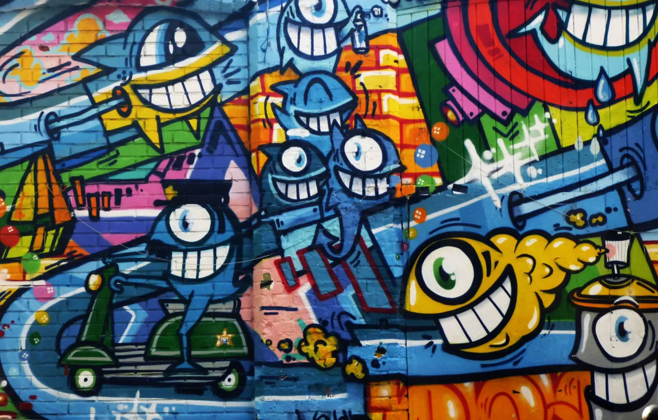 Photo wallpaper wall, graffiti, Board, paint, bricks, graffiti