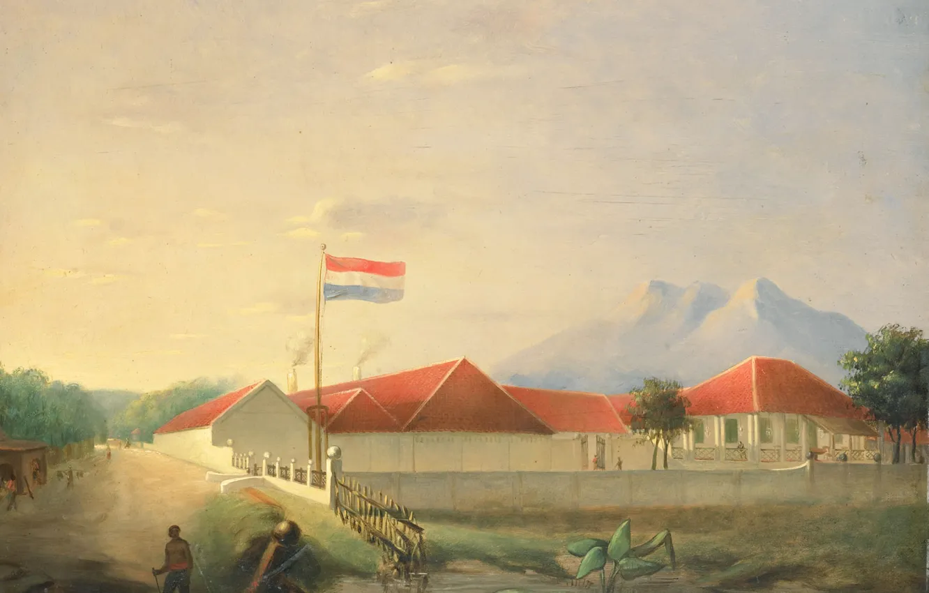 Photo wallpaper landscape, oil, picture, 1851, Herman Theodorus Hesselaar, Factory in Java