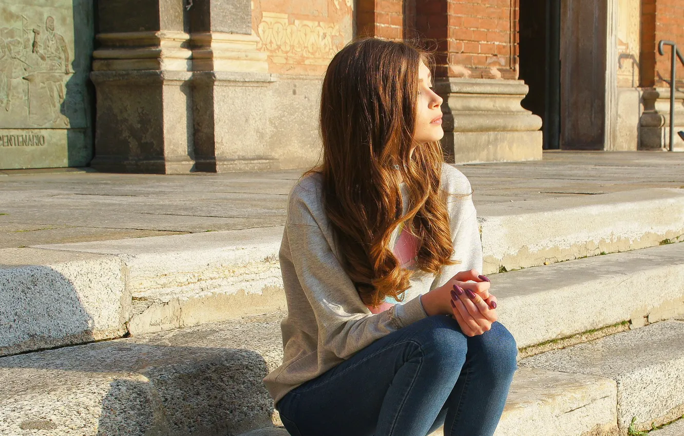 Photo wallpaper girl, mood, sweetheart, street, hair, jeans, steps, brown hair
