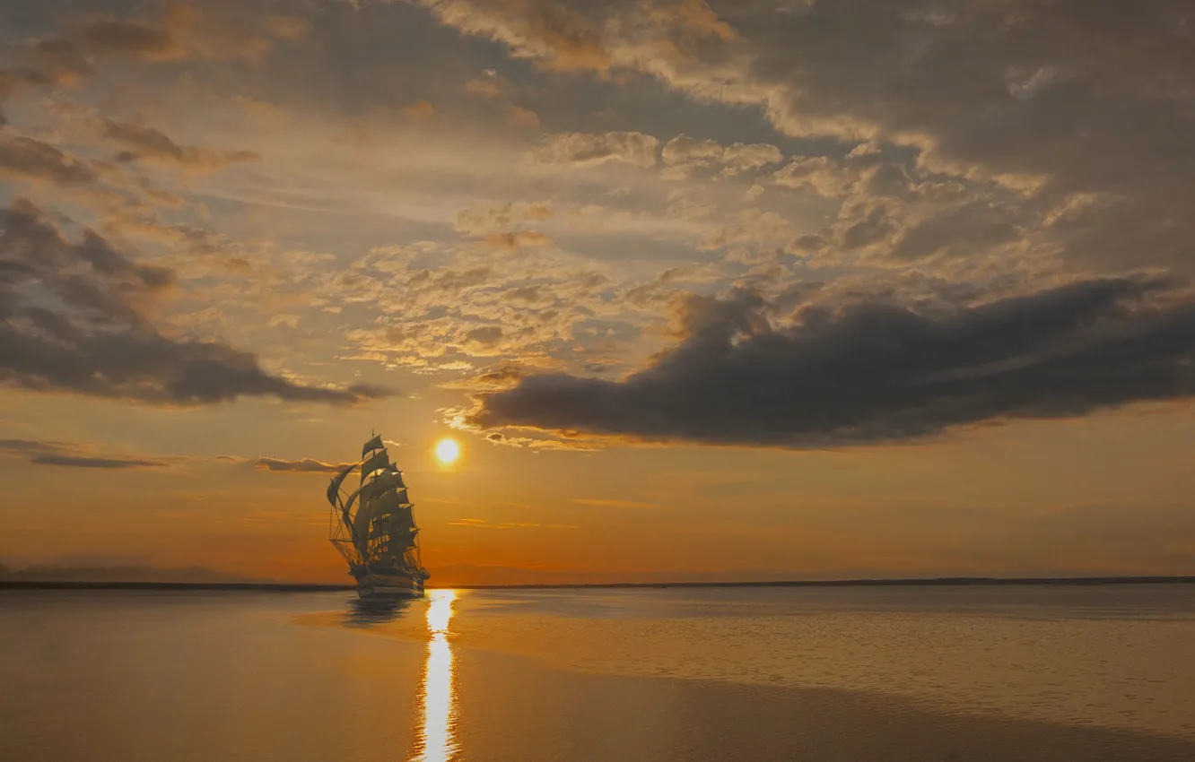 Photo wallpaper sea, the sky, the sun, clouds, sunset, ship, sailboat