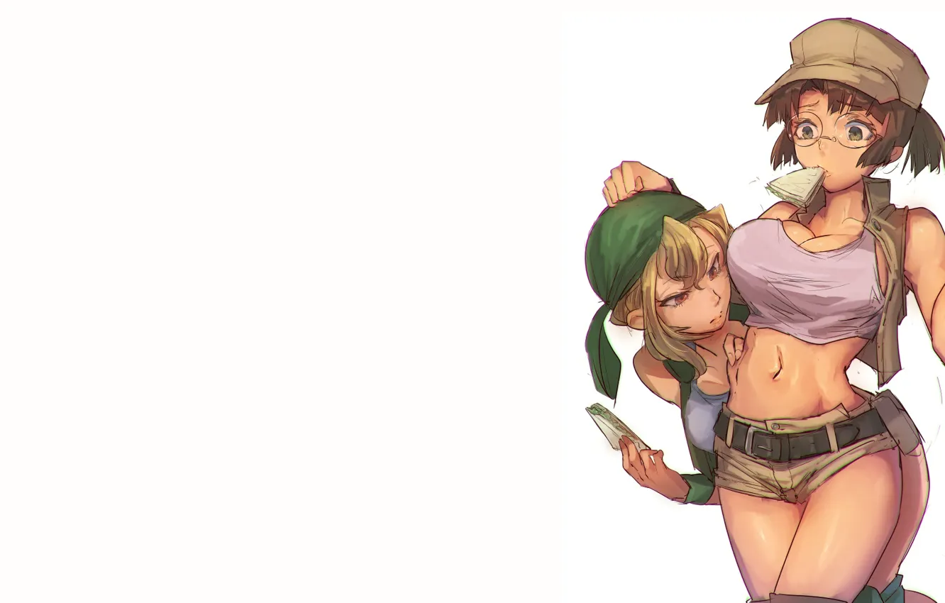 Photo wallpaper long hair, brunette, blonde, belly, angry, thighs, bangs, women with glasses