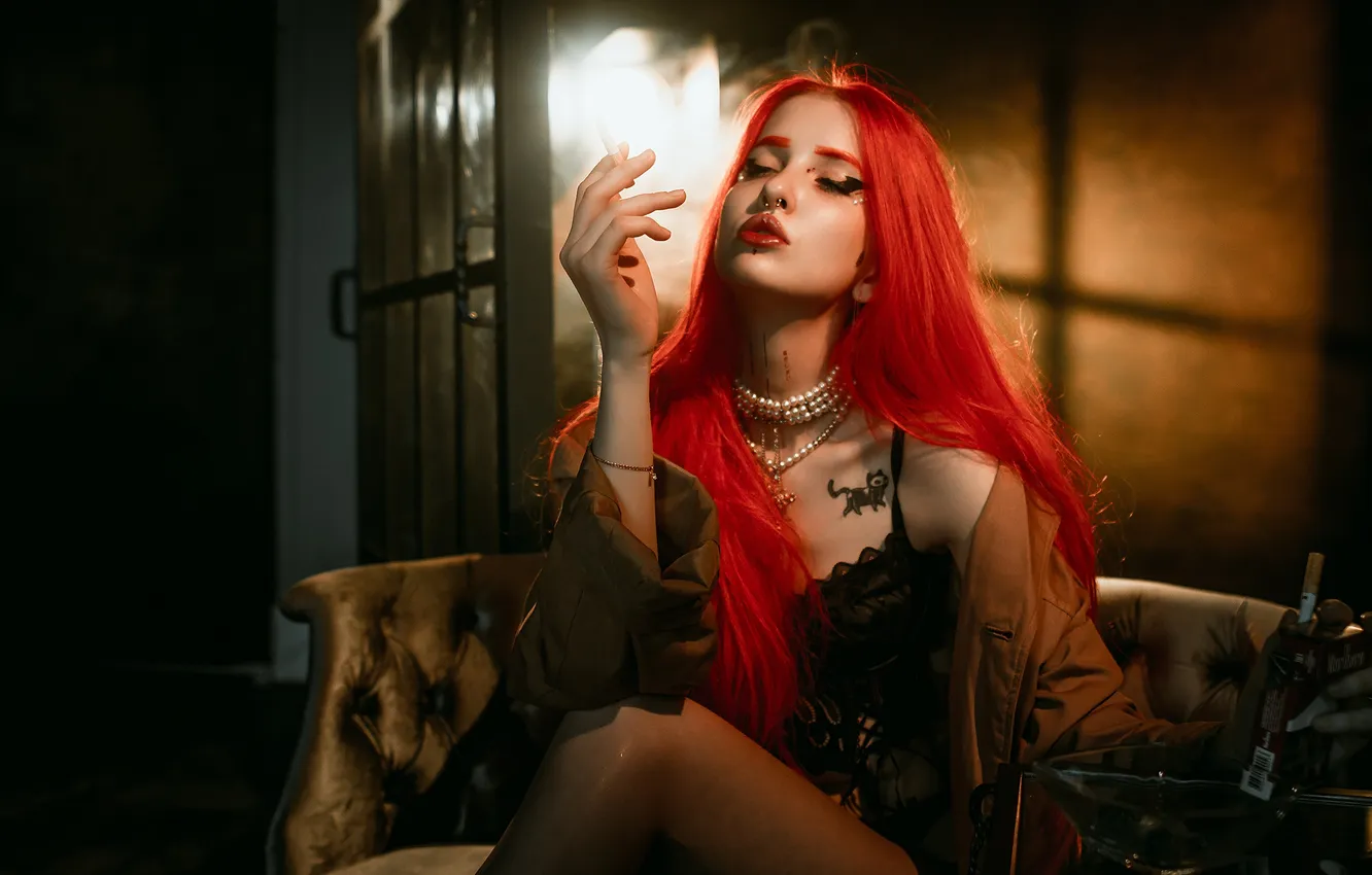 Photo wallpaper girl, pose, hand, makeup, cigarette, long hair, red hair, Max Miron