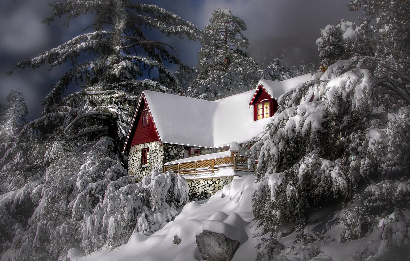 Photo wallpaper winter, snow, trees, landscape, mountains, nature, house, stones