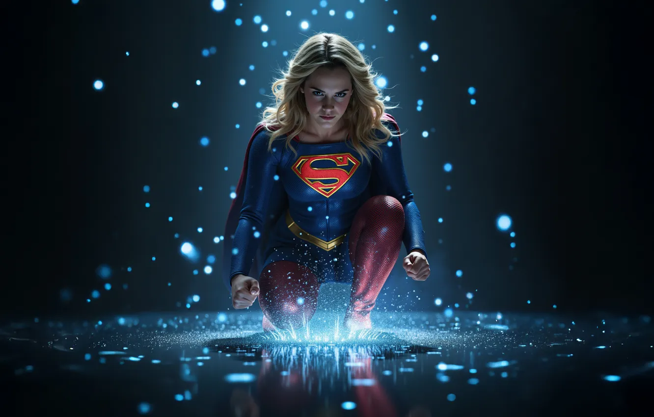 Photo wallpaper blonde, superhero, comic, on my knees, Supergirl, Marvel, a beam of light, super woman