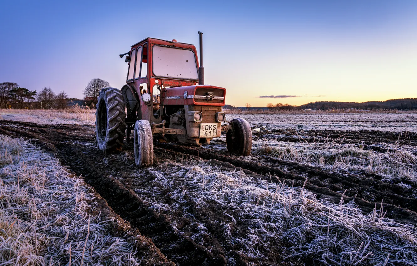 Photo wallpaper field, tractor, frost