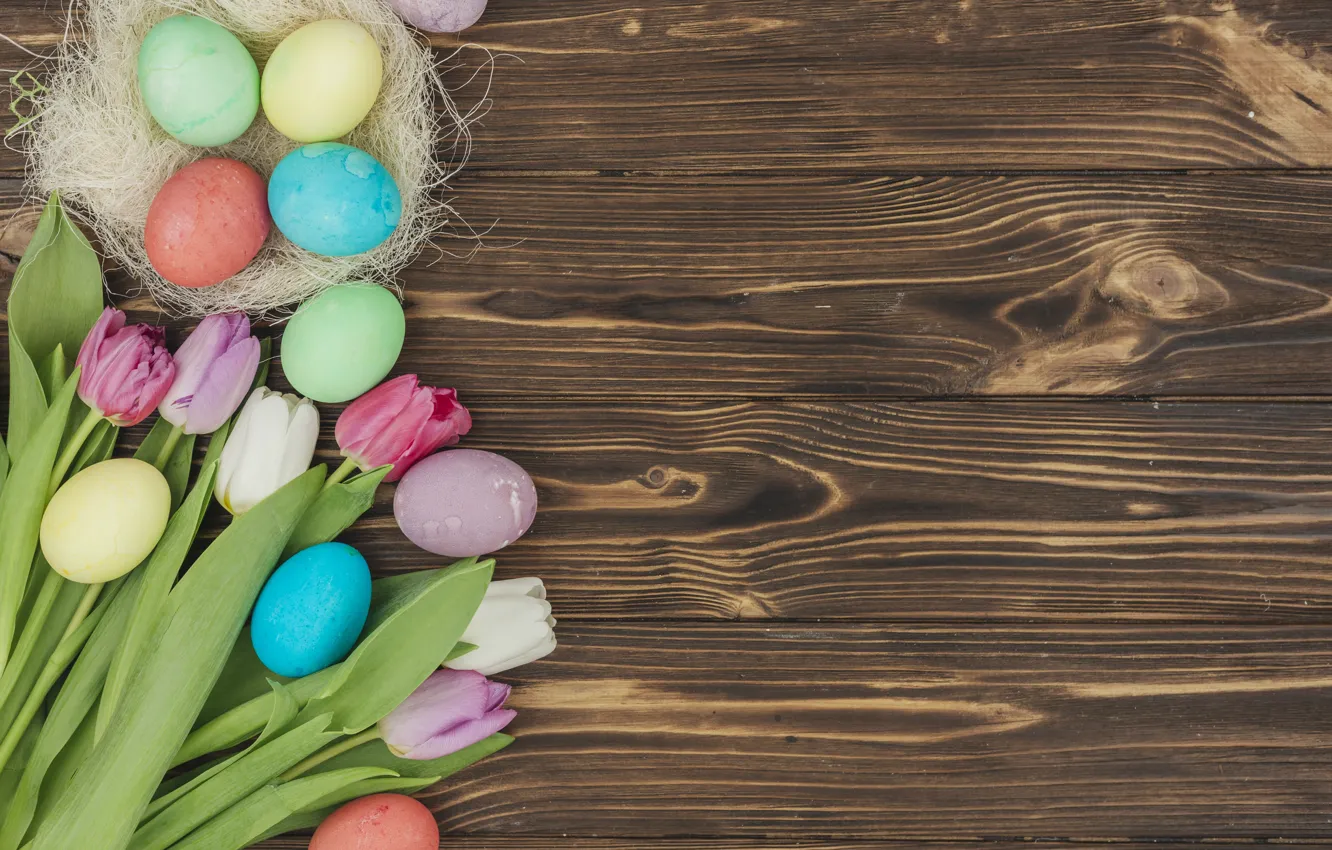 Photo wallpaper flowers, eggs, colorful, Easter, tulips, flowers, tulips, Easter