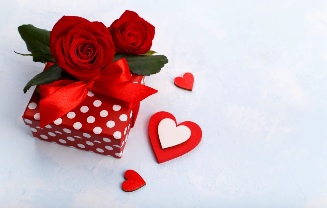 Photo wallpaper flowers, red, holiday, box, gift, roses, hearts, red