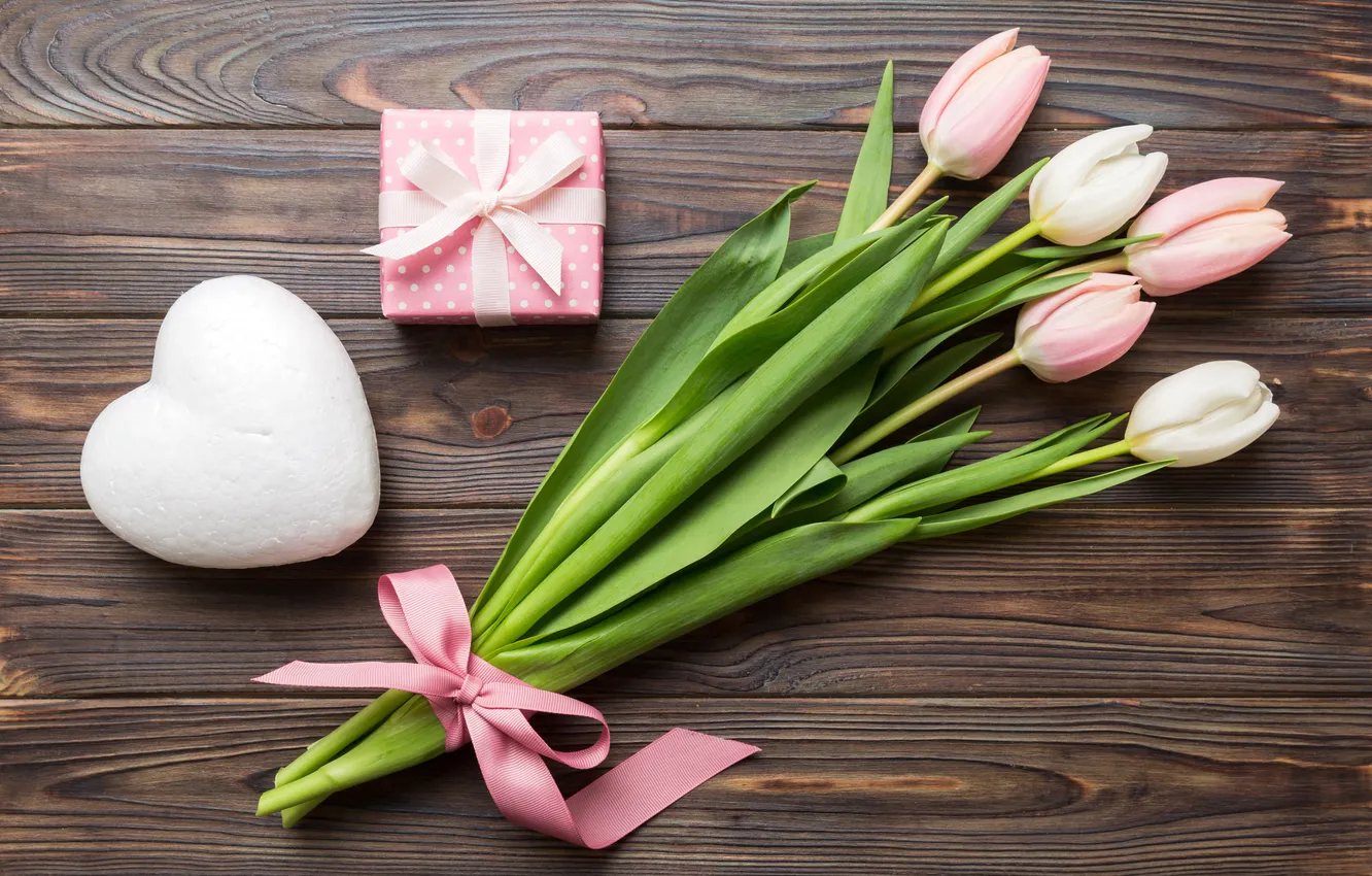 Photo wallpaper flowers, gift, bouquet, tulips, pink, heart, wood, pink
