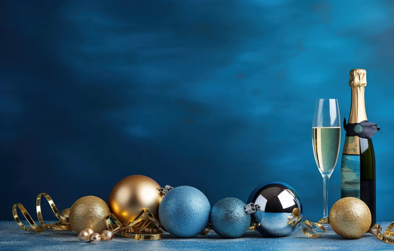 Photo wallpaper decoration, gold, balls, New Year, glasses, golden, new year, champagne
