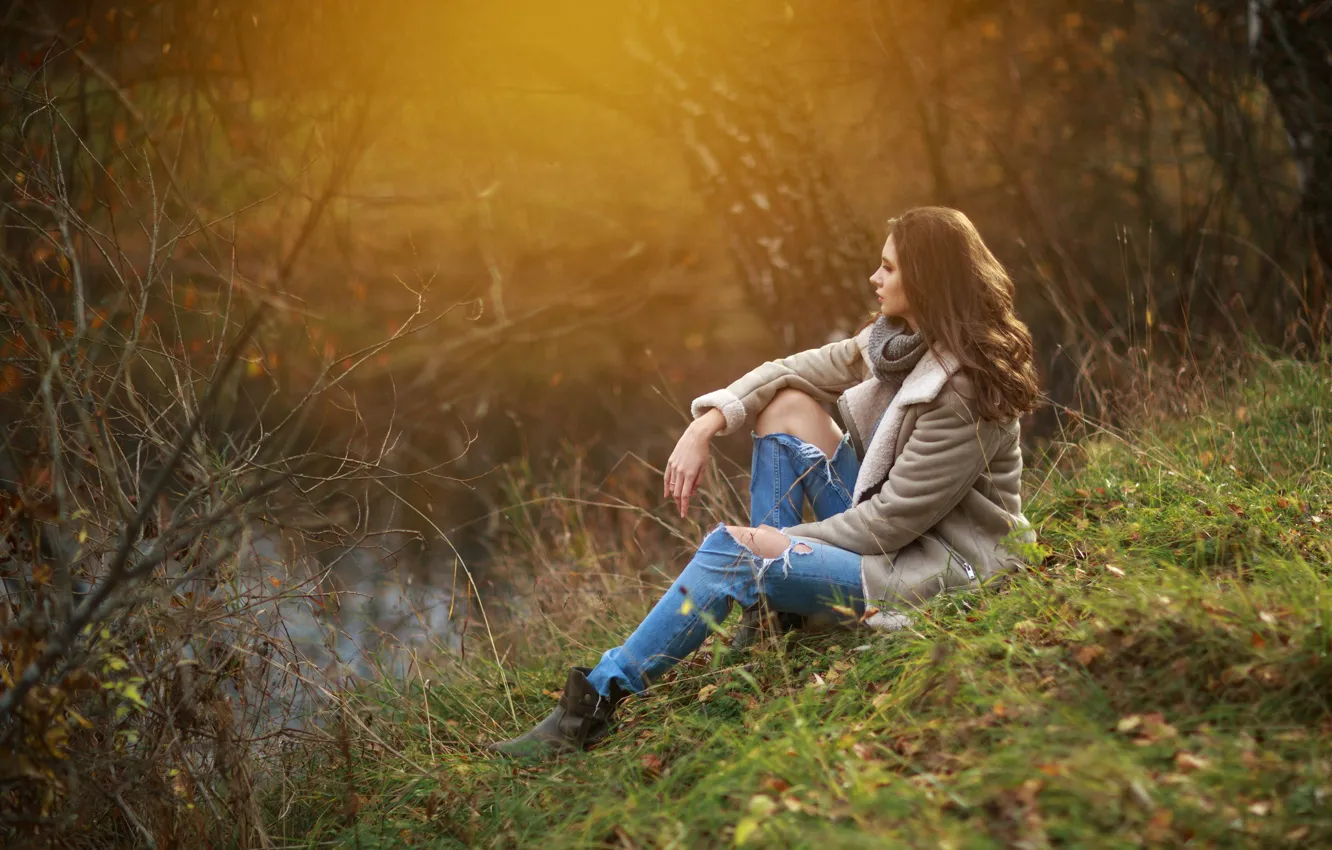Photo wallpaper autumn, girl, pose, jacket, nature, ripped jeans, Disha Shemetova, DISHA Shemetova