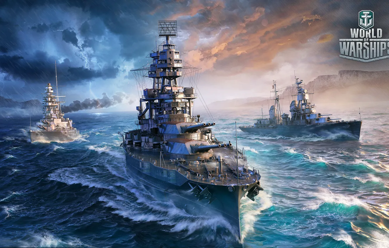 Photo wallpaper the sky, rain, the ocean, lightning, the game, ships, Arizona, Battleship