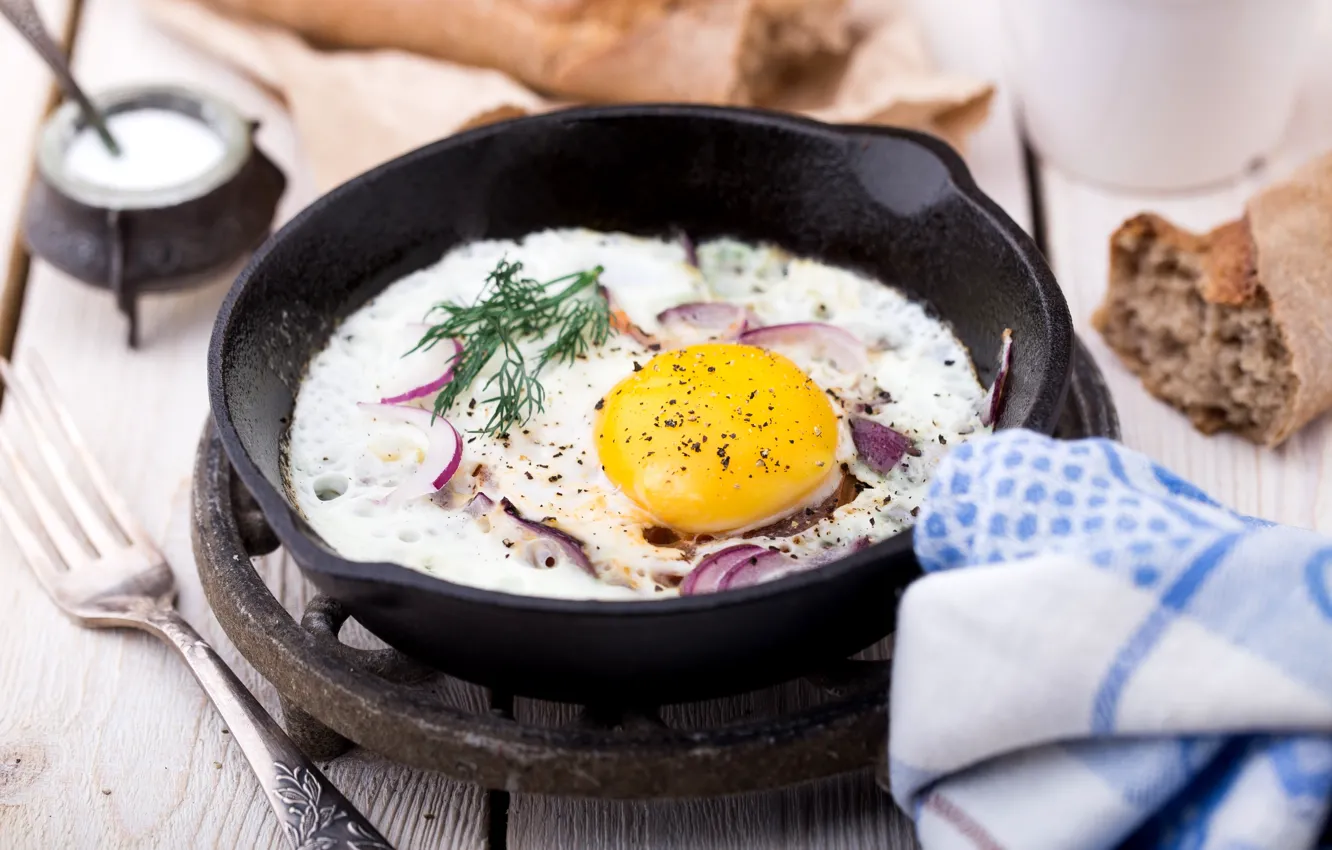 Photo wallpaper egg, bow, dill, bread, scrambled eggs, spices, pan