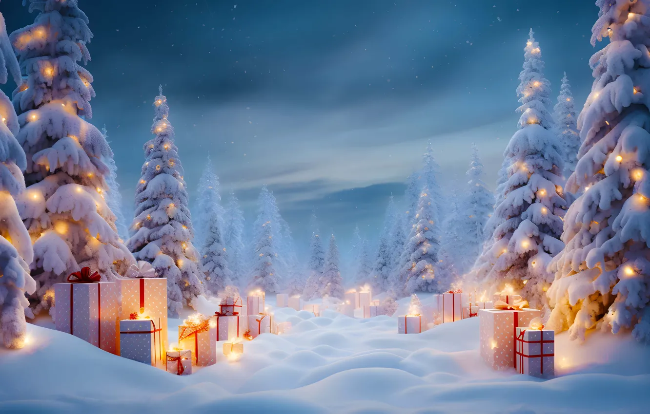 Photo wallpaper winter, frost, forest, snow, lights, box, gift, tree