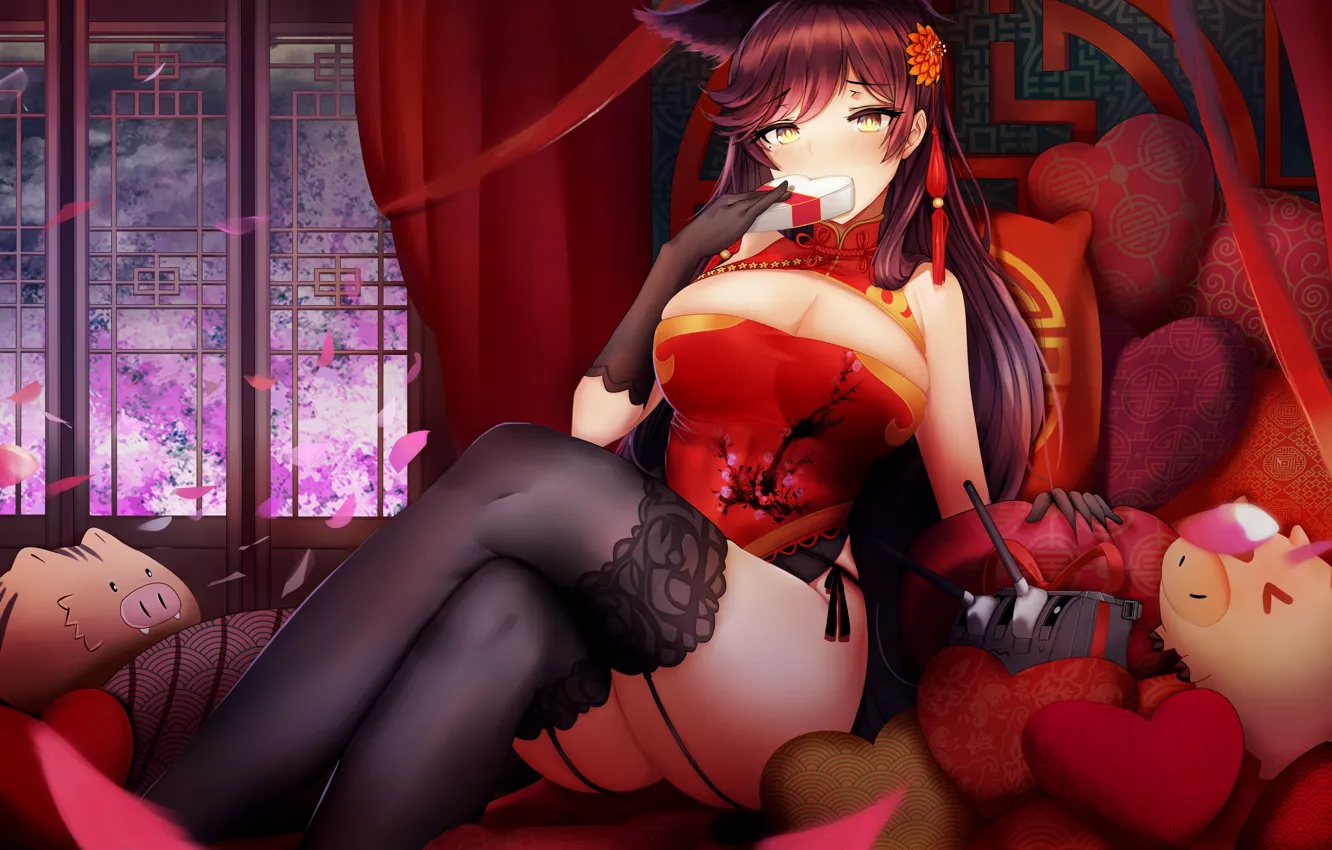 Photo wallpaper girl, sexy, cleavage, blouse, thighhighs, long hair, legs, boobs