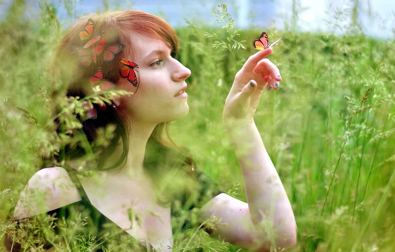 Photo wallpaper field, girl, mood, butterfly