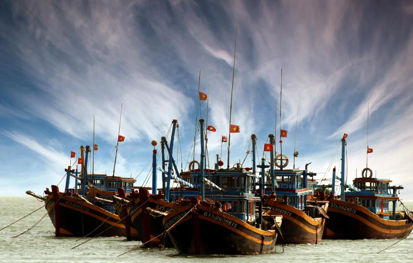 Photo wallpaper sea, the sky, clouds, ship, Bay, Barkas