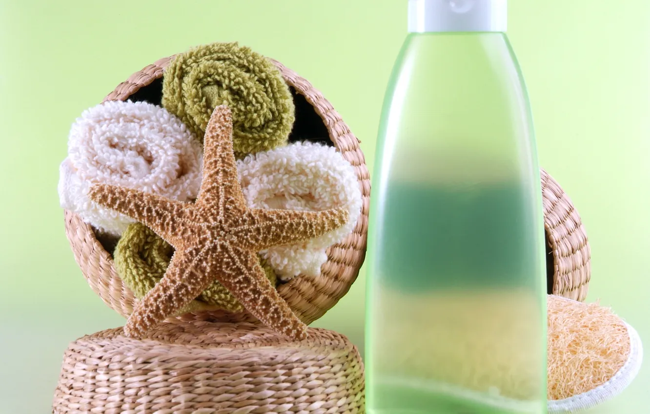 Photo wallpaper towel, soap, washcloth, shower gel