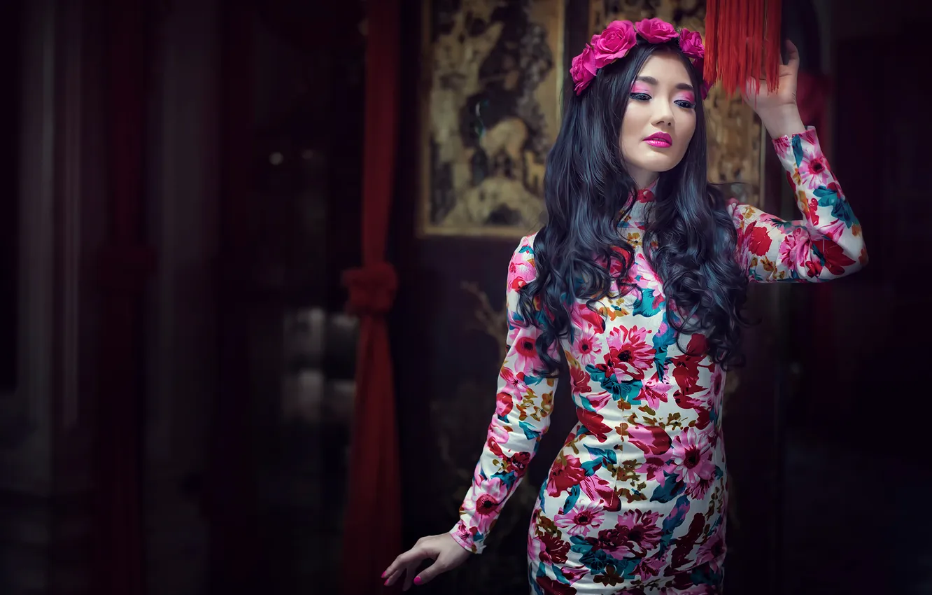 Photo wallpaper flowers, makeup, Oriental girl, qipao