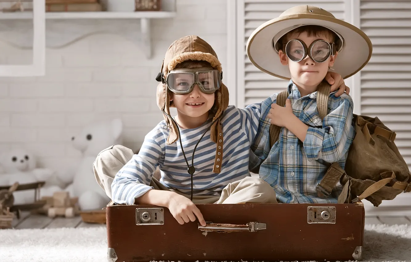 Photo wallpaper children, the game, toys, hat, glasses, suitcase, backpack, bears