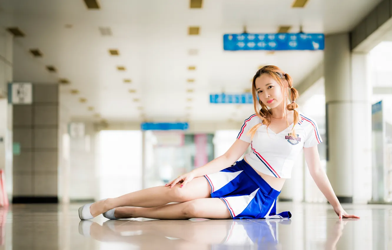 Photo wallpaper look, girl, skirt, t-shirt, braids, legs, Asian, sitting