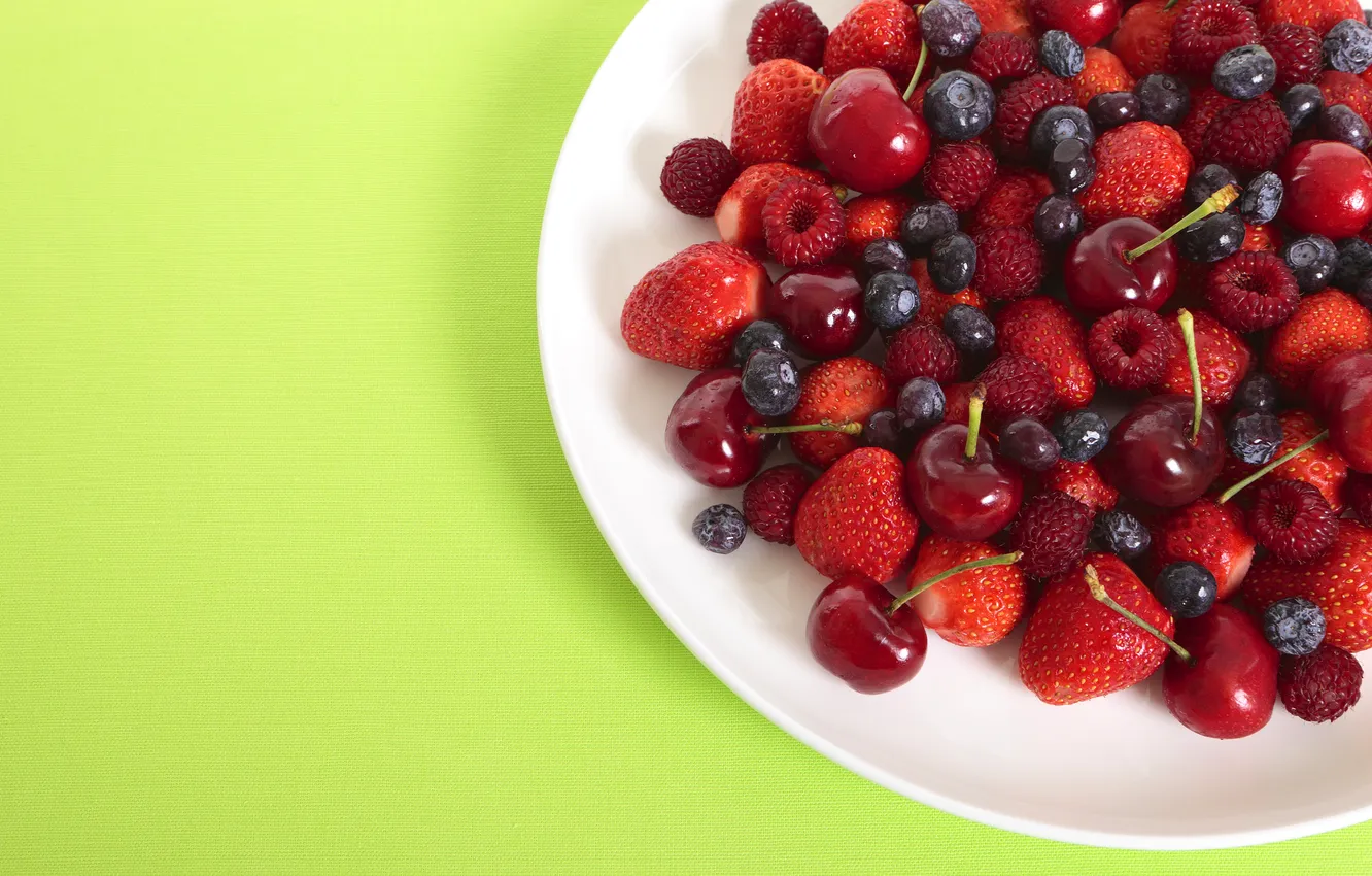 Photo wallpaper cherry, berries, raspberry, blueberries, strawberry, plate, different, green background
