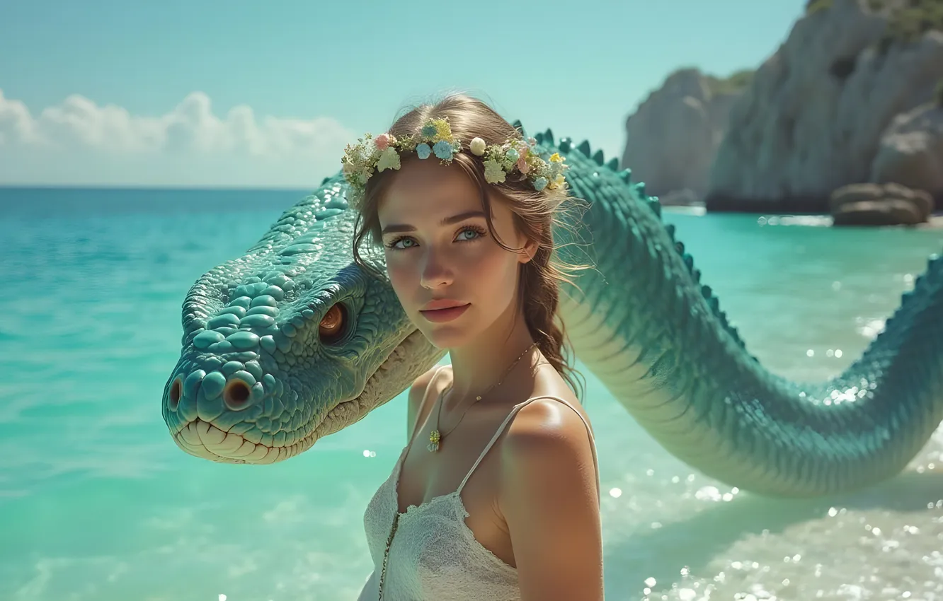 Photo wallpaper girl, dragon, snake, AI art, neural network
