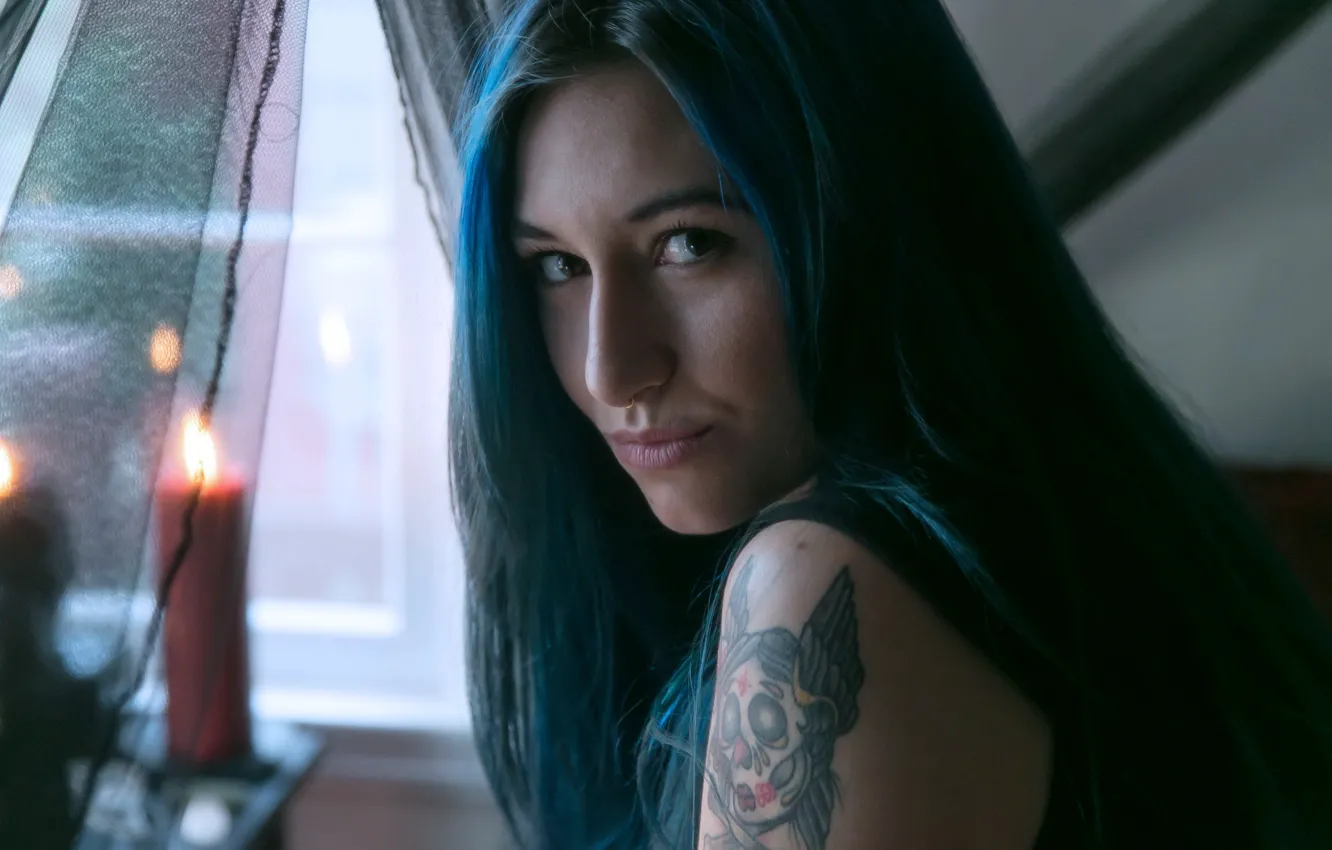 Photo wallpaper girl, model, Moon, tattoo, blue hair