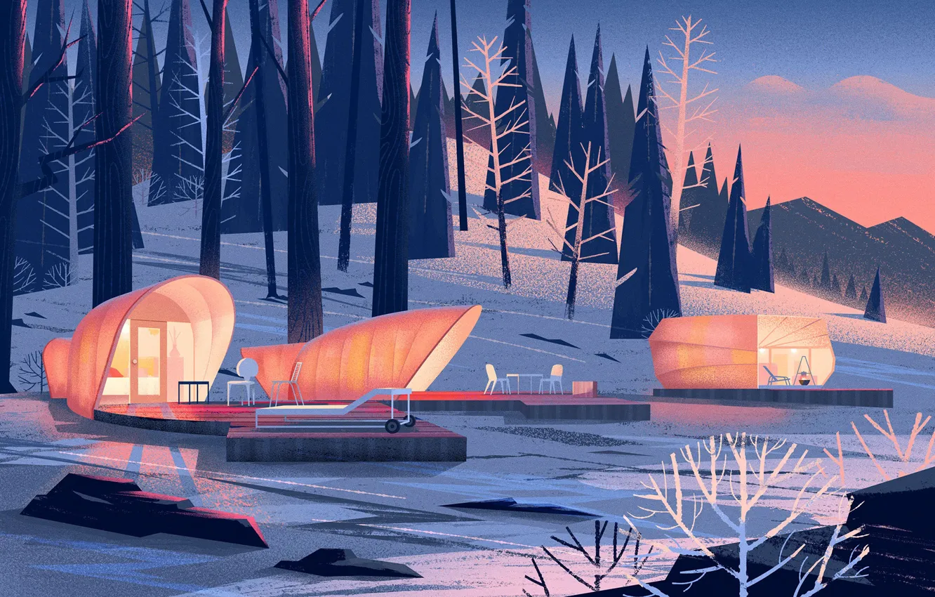 Photo wallpaper winter, forest, shore, pond, Nomadic Homes Illustrations