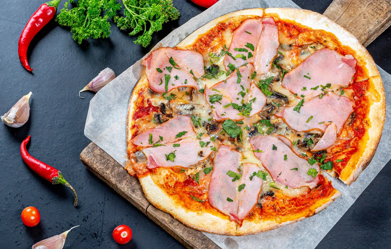 Photo wallpaper photo, Food, Pizza, Ham, Garlic, Cutting Board