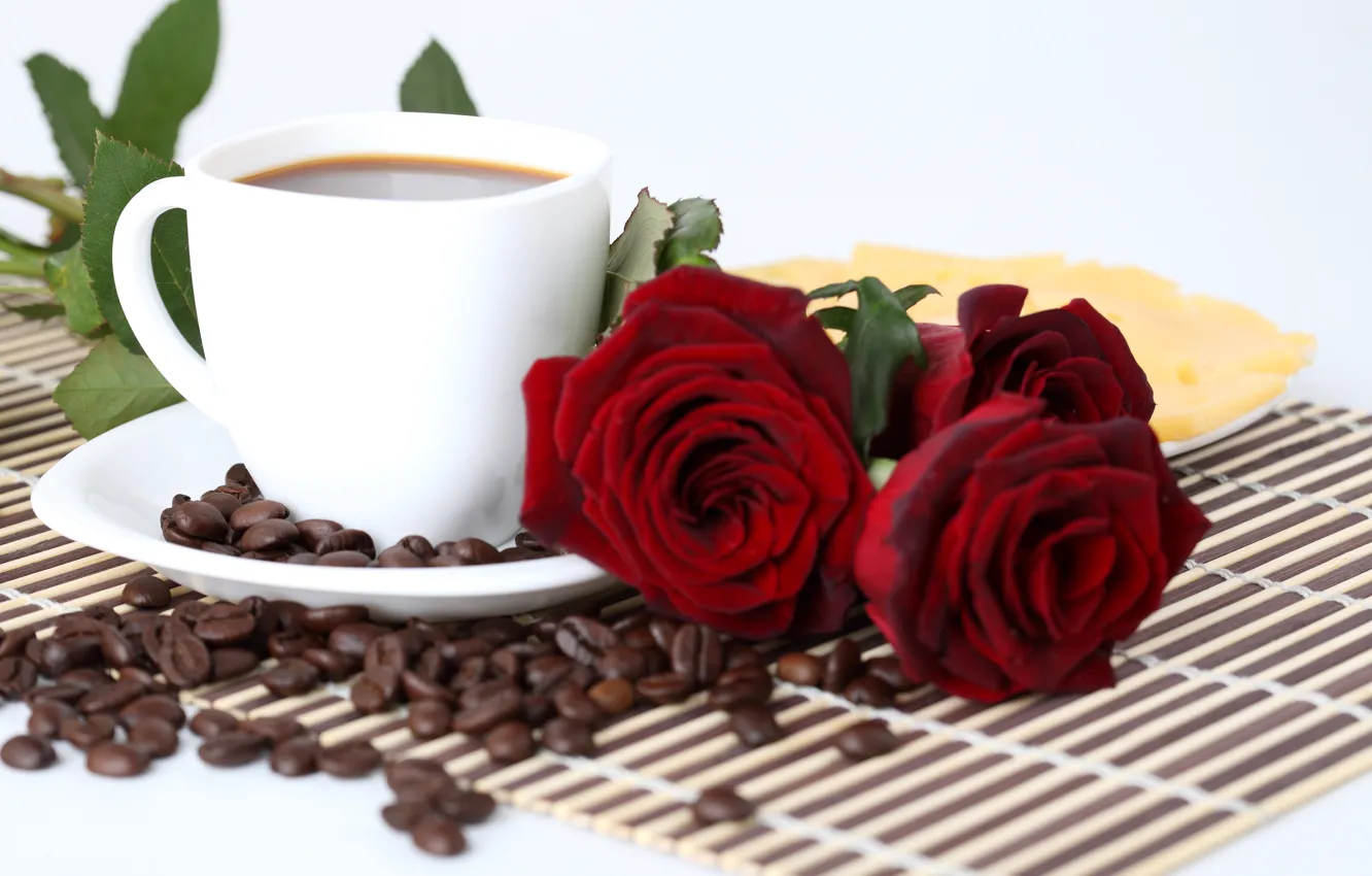 Photo wallpaper red, coffee, roses, grain, cheese, plate, Cup, saucer