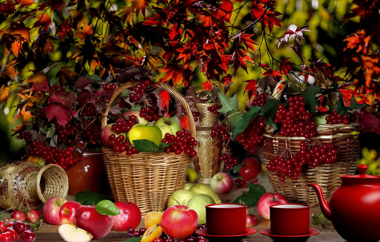 Photo wallpaper autumn, basket, apples, fruit