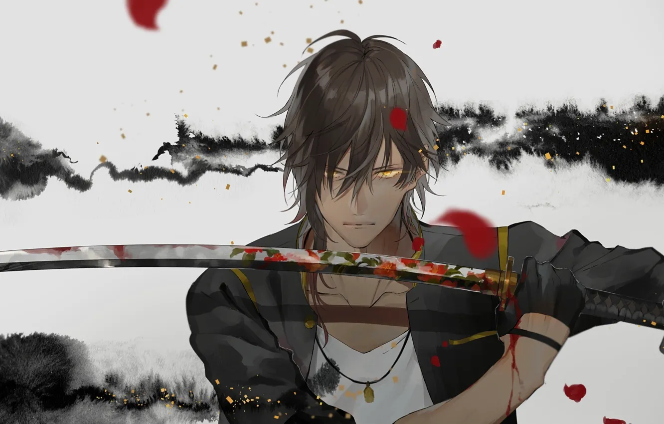 Photo wallpaper look, blood, sword, art, samurai, guy, stand, touken ranbu