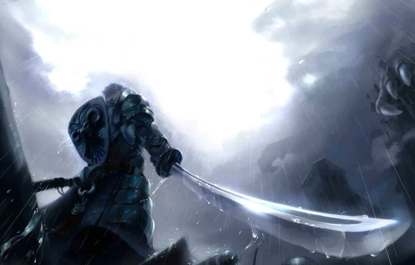 Photo wallpaper rain, monster, sword, warrior, art, monochrome, huykho192