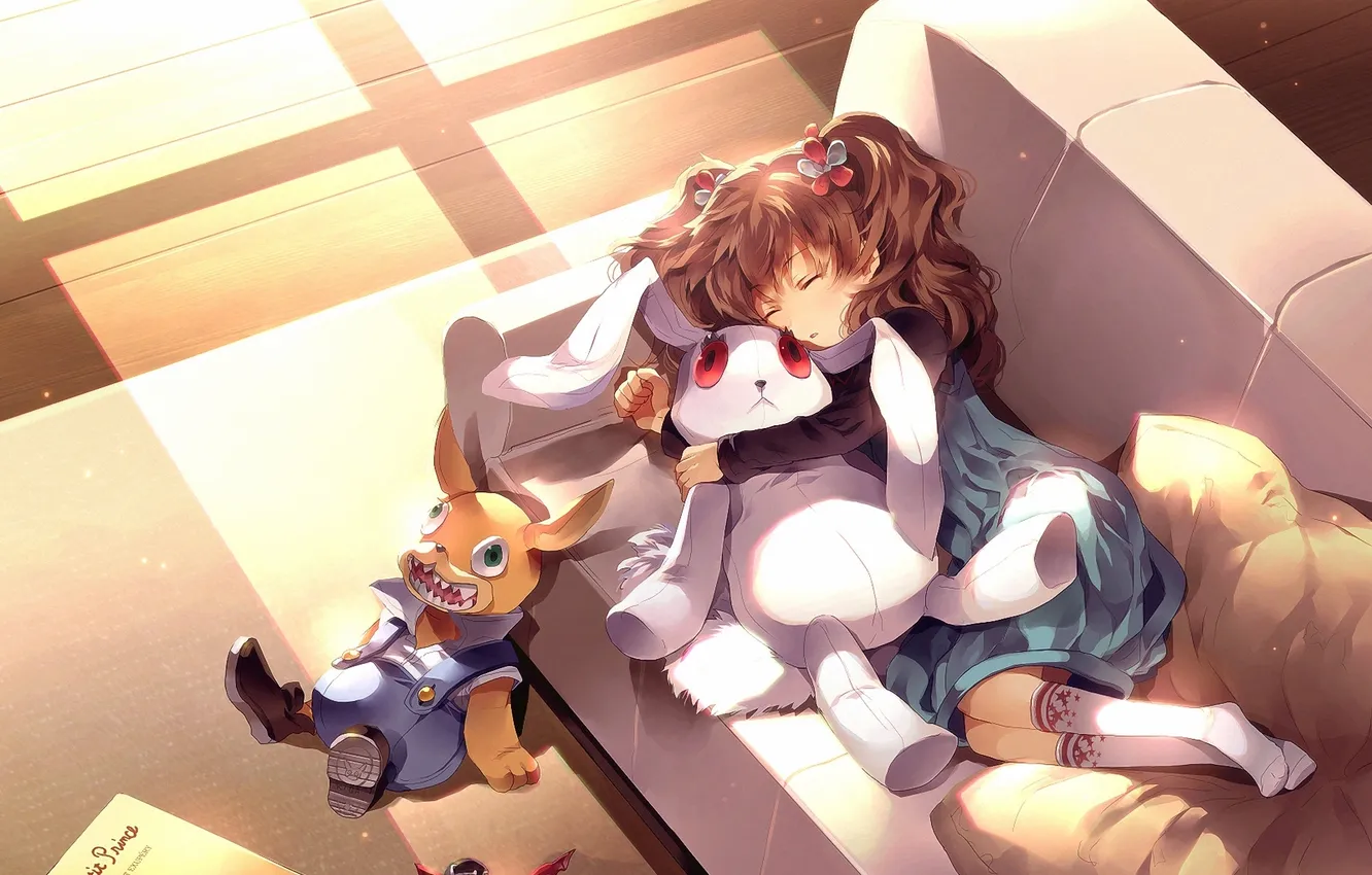 Photo wallpaper the sun, room, sofa, toy, sleep, pillow, rabbit, art