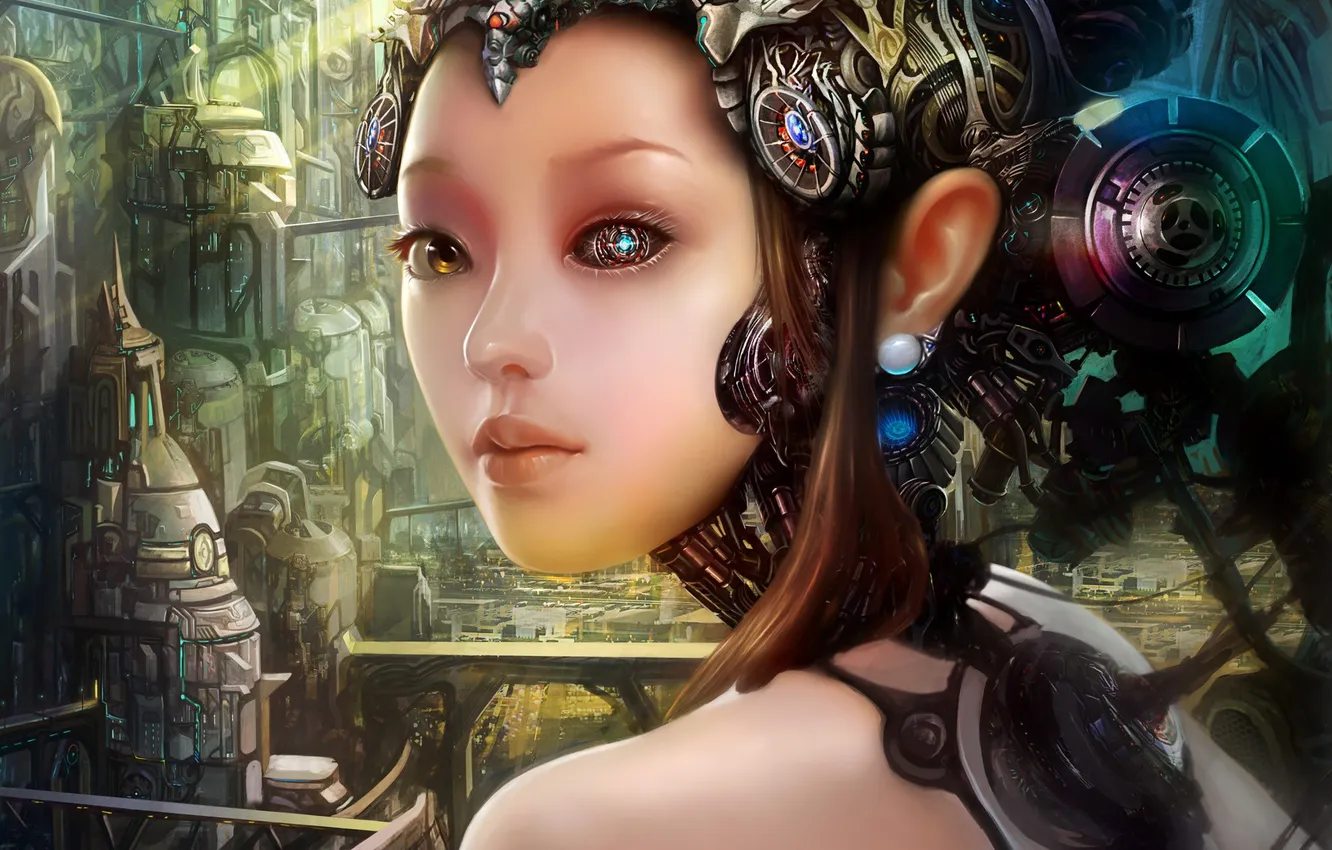 Photo wallpaper the city, lights, wire, Girl, cyborg, electronics