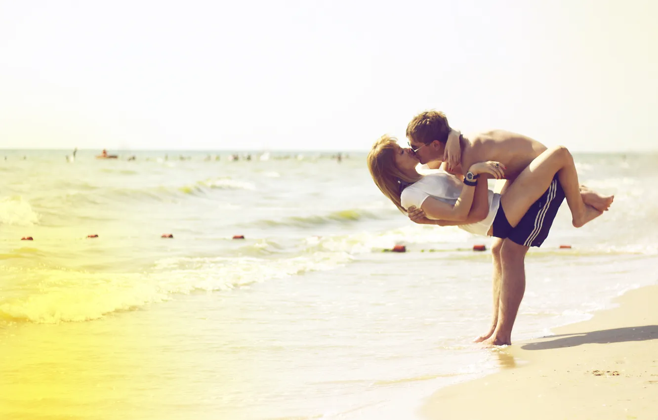 Photo wallpaper beach, girl, pair, guy