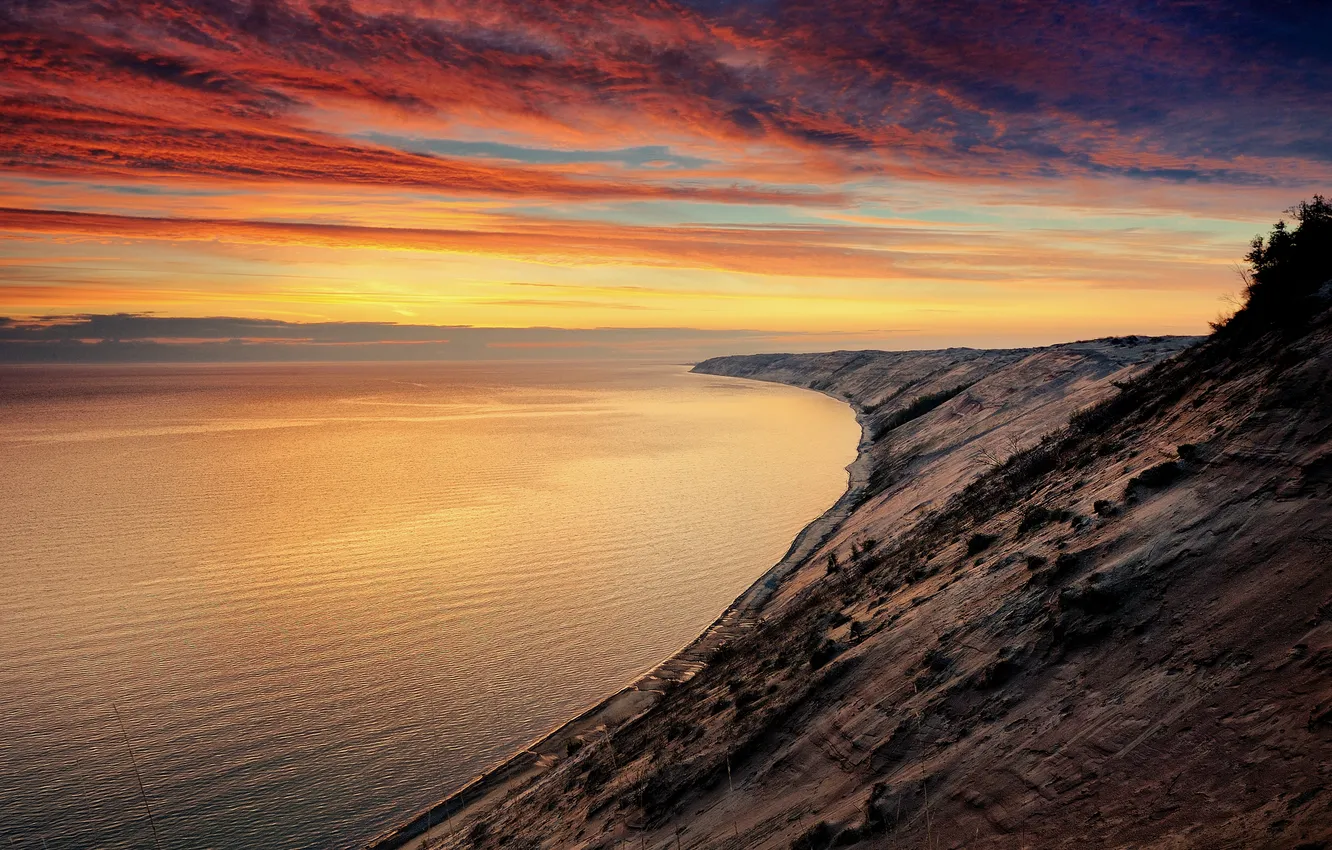 Photo wallpaper the sky, water, sunset, surface, slope