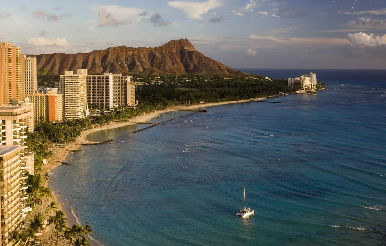 Photo wallpaper mountains, the city, building, yacht, Bay, new Jersey