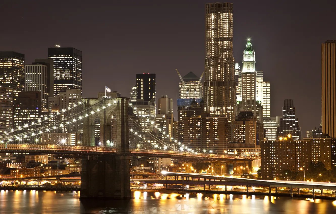 Photo wallpaper night, bridge, lights, New York, Manhattan