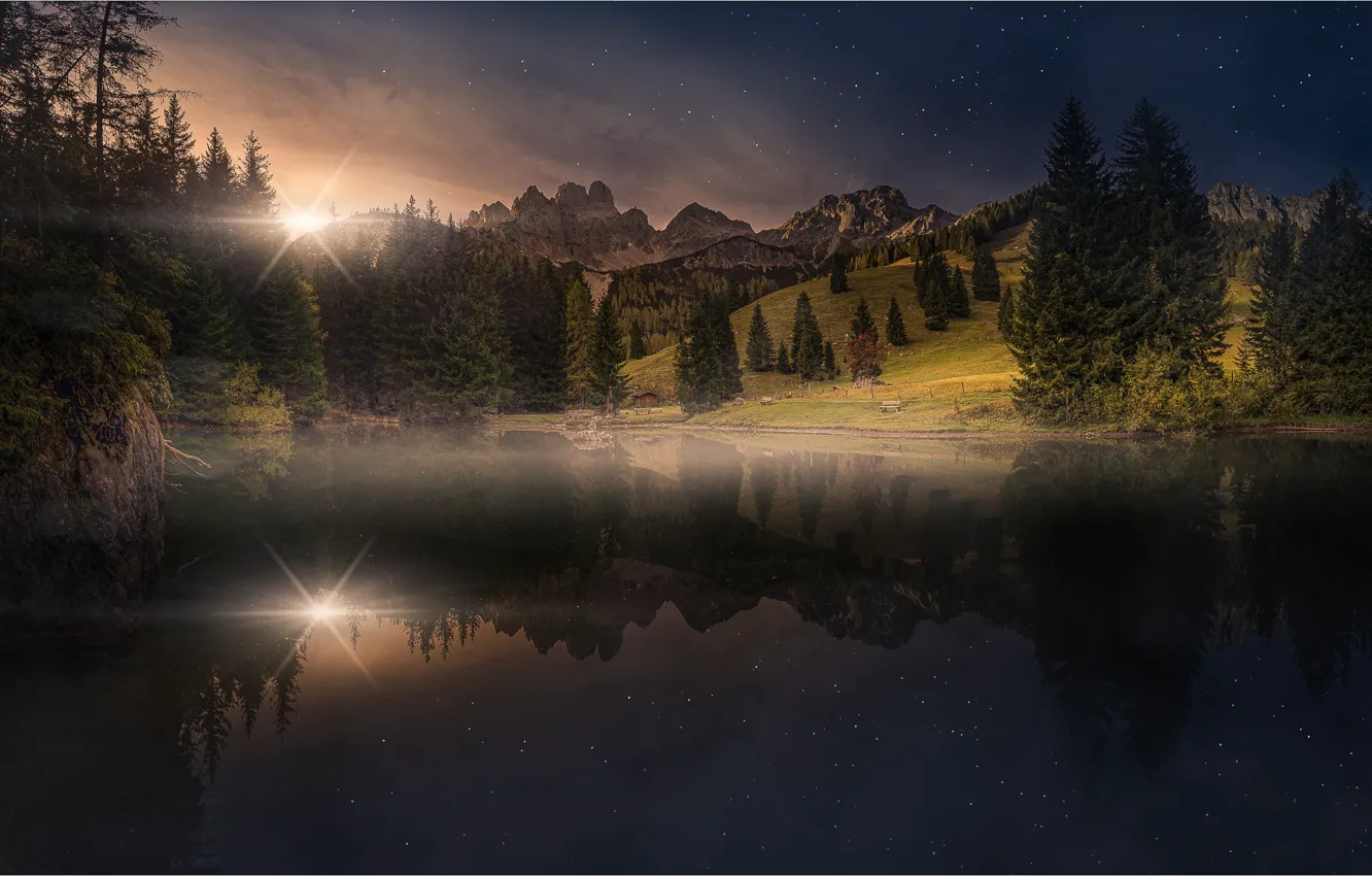Photo wallpaper forest, the sky, the sun, stars, sunset, mountains, lake, reflection