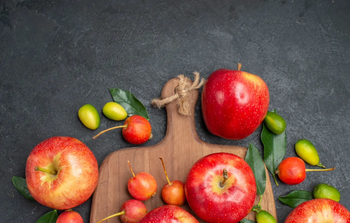 Photo wallpaper leaves, red, table, apples, citrus, fruit, placer, kitaika