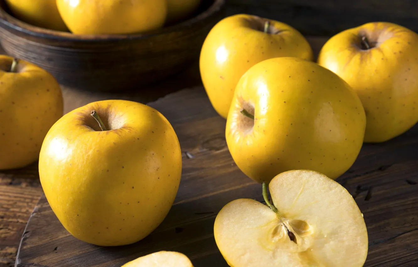 Photo wallpaper apples, Board, yellow, bowl