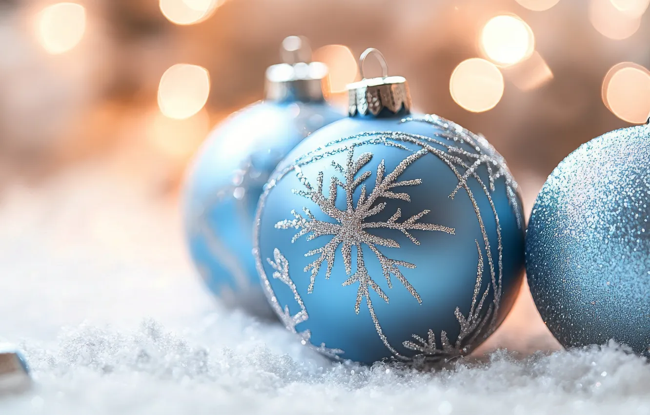 Photo wallpaper balls, snow, snowflakes, lights, blue, new year, Christmas, banner