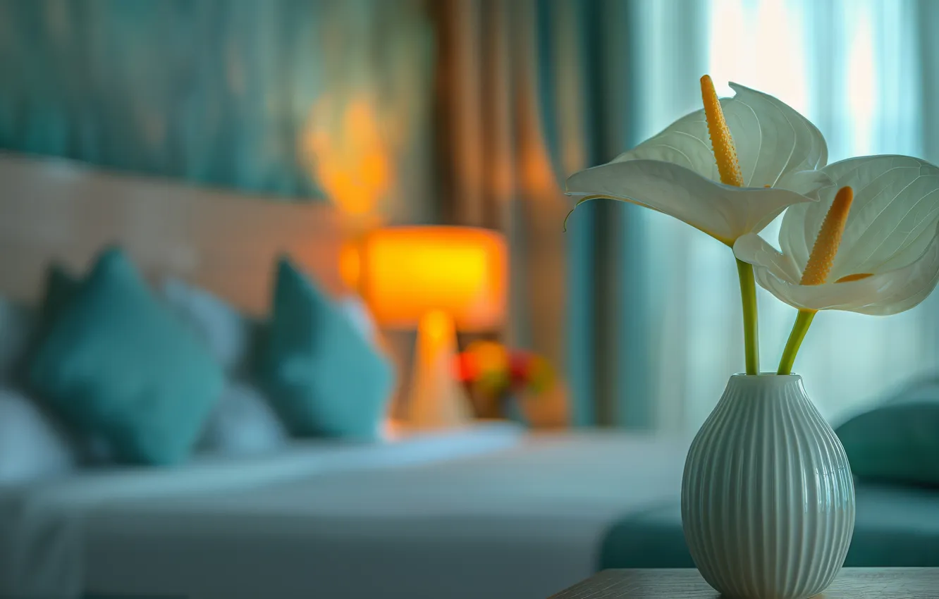 Photo wallpaper leaves, flowers, table, room, bed, interior, bouquet, pillow