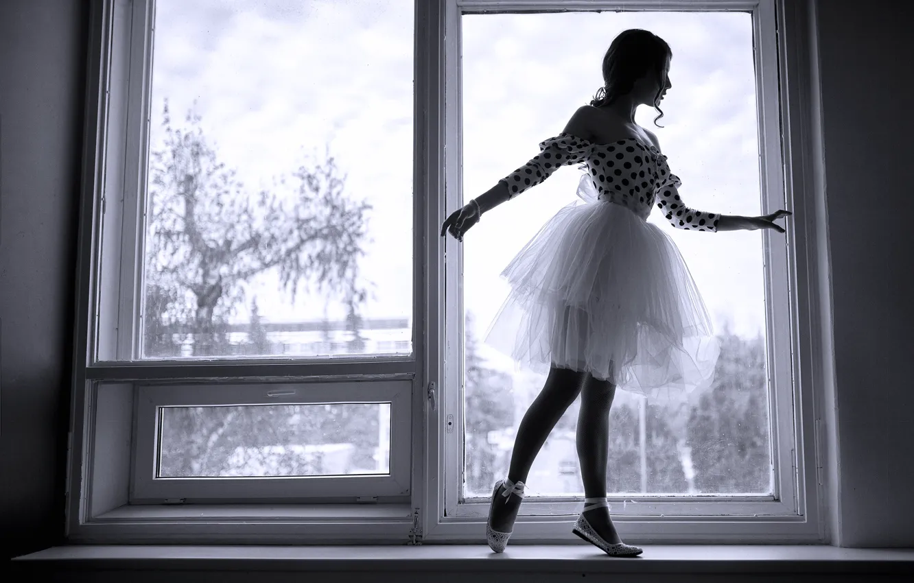 Photo wallpaper girl, pose, window, black and white, ballerina, Yuryev Alexey
