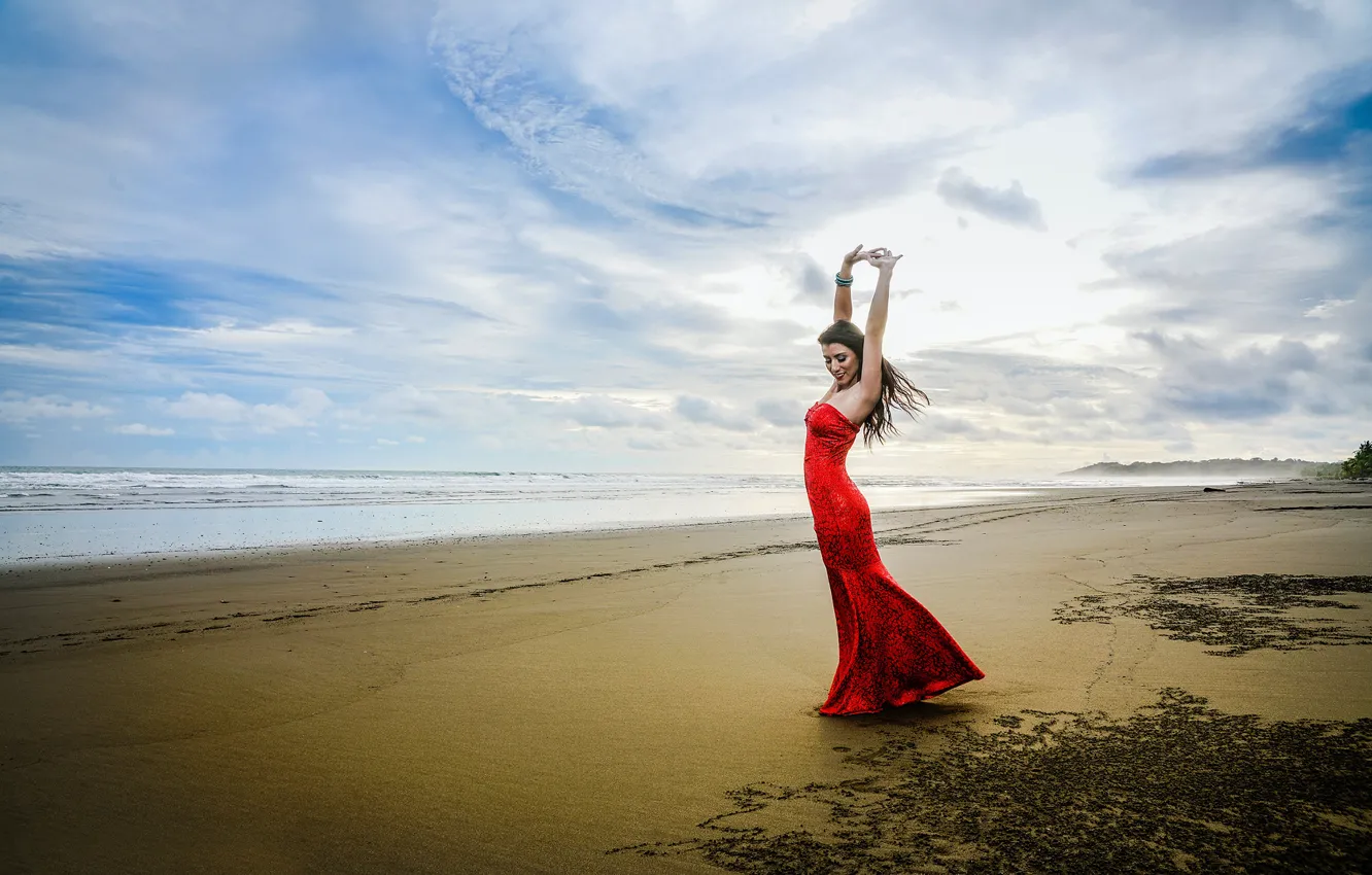 Photo wallpaper wave, girl, shore, dance, surf, in red, Kimberly