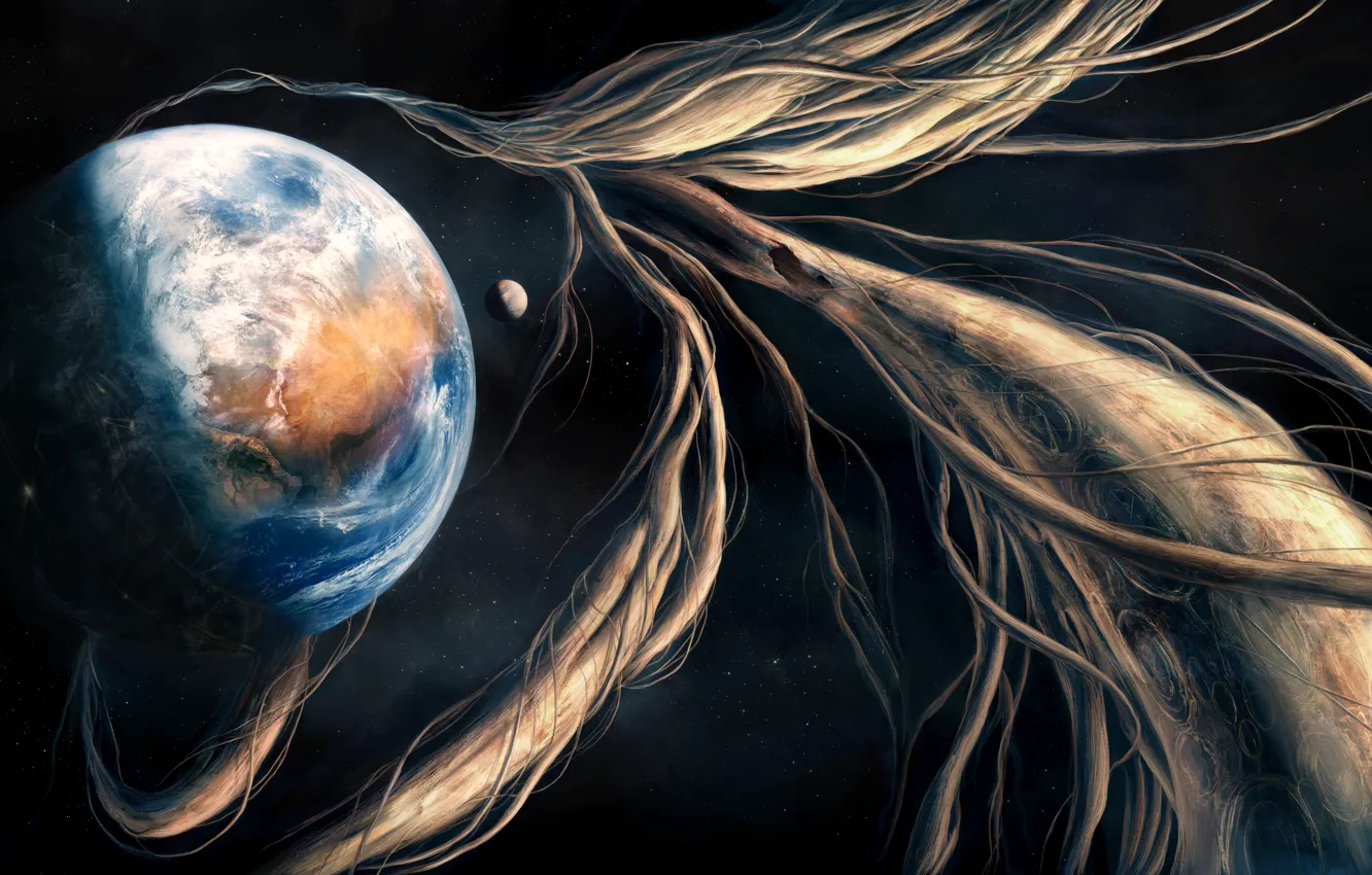 Photo wallpaper space, stars, planet, satellite, space, art